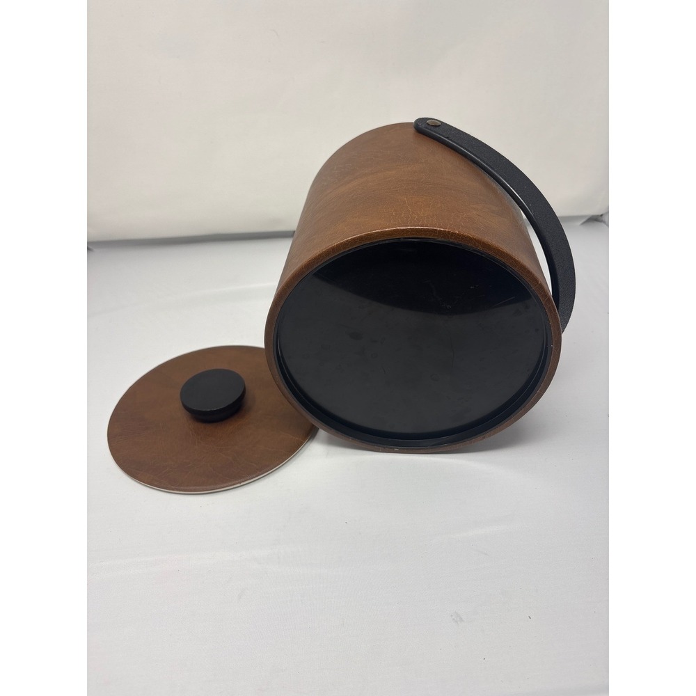 Vintage Mid Century Modern Brown Faux Leather Insulated Ice Bucket with Handle - Picture 6 of 6